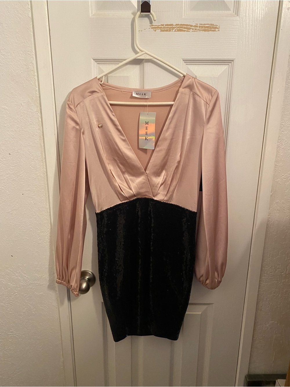 Meek Two-Tone Pink Satin and Black Sequined Long Sleeve V-Neck Dress New